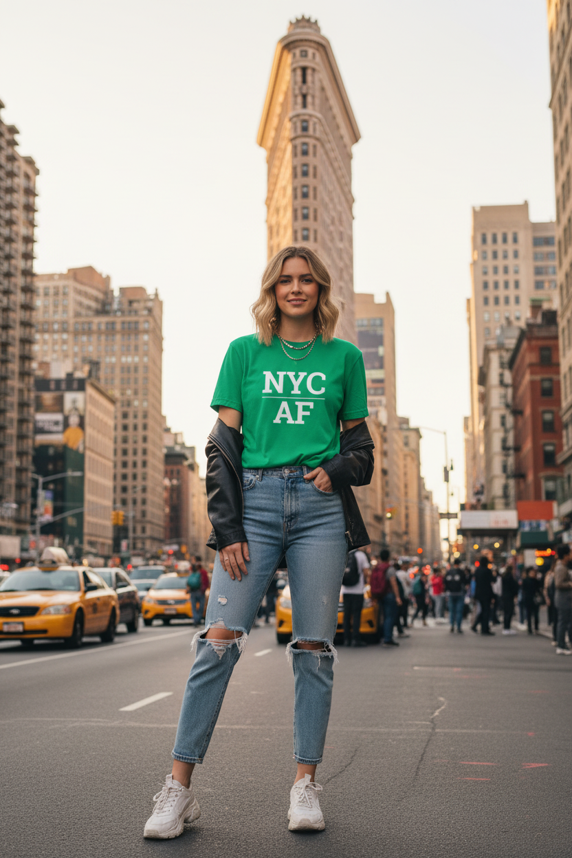 Model wearing NYC_AF irish green tee in front of the Flatiron Building, New York City