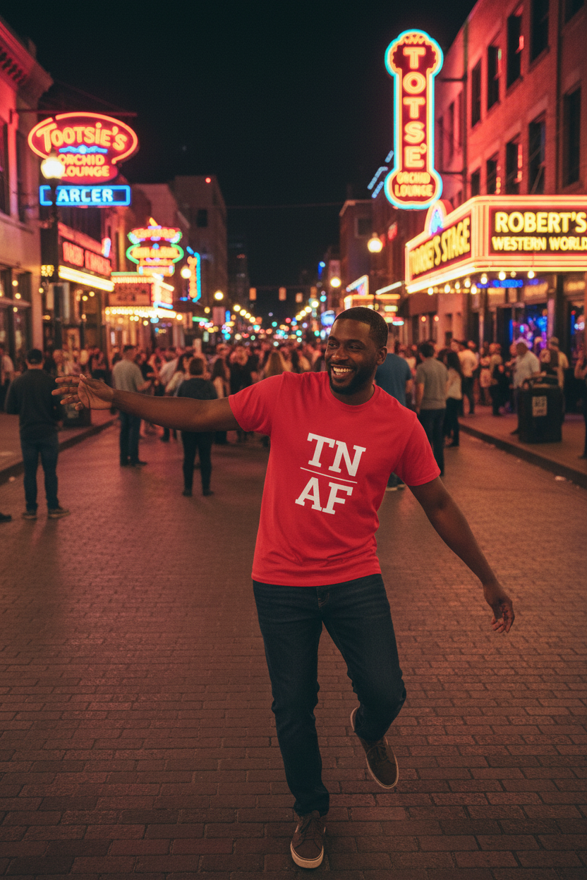 Person wearing red Tennessee t-shirt on Nashville Broadway
