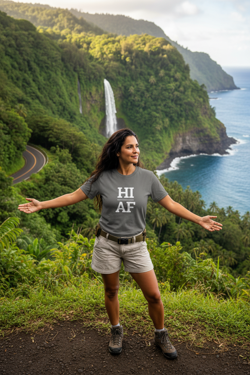Person wearing grey Hawaii t-shirt on the Road to Hana