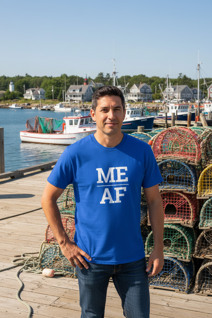 Person wearing blue Maine t-shirt at a Maine lobster wharf