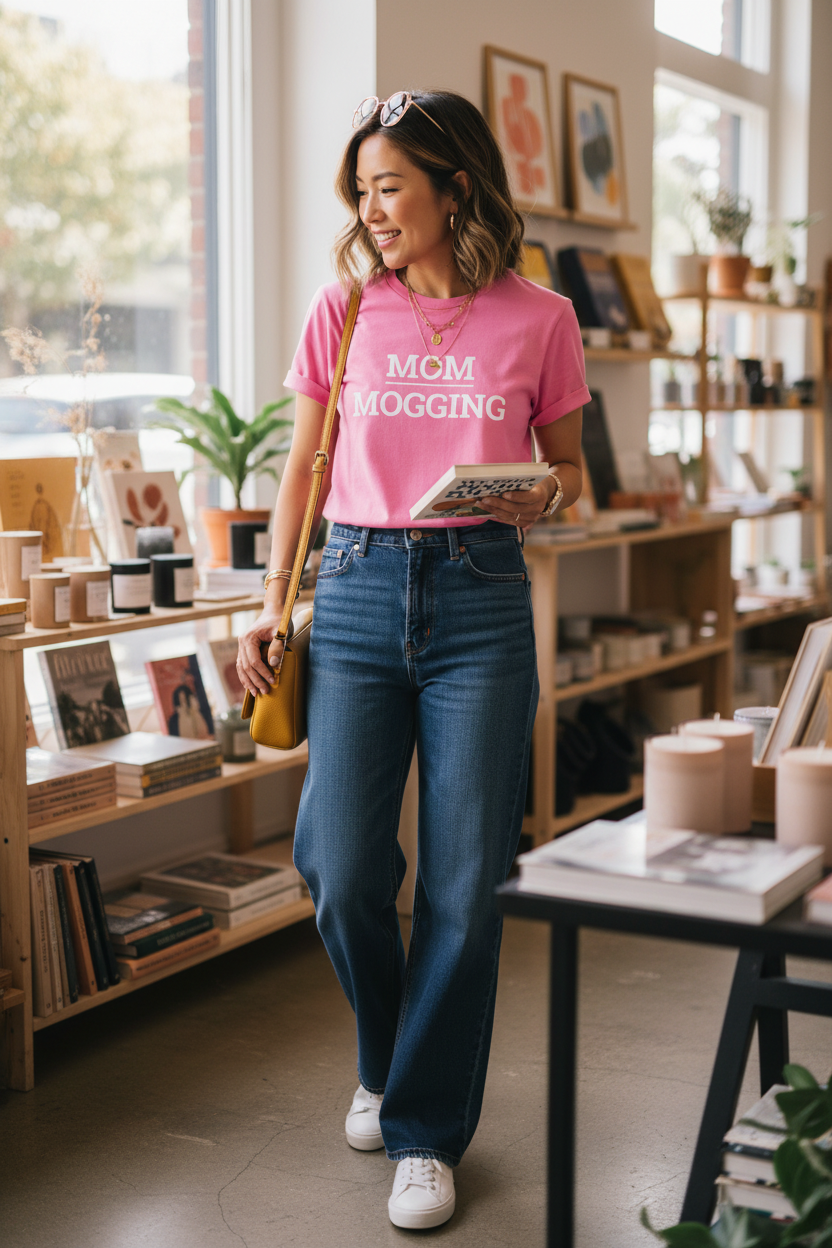 Stylish Asian woman wearing pink MOM_MOGGING t-shirt browsing boutique
