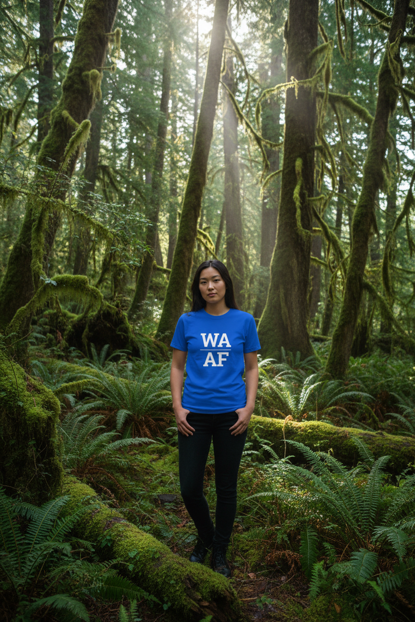 Person wearing blue WA_AF t-shirt in a mossy old-growth forest