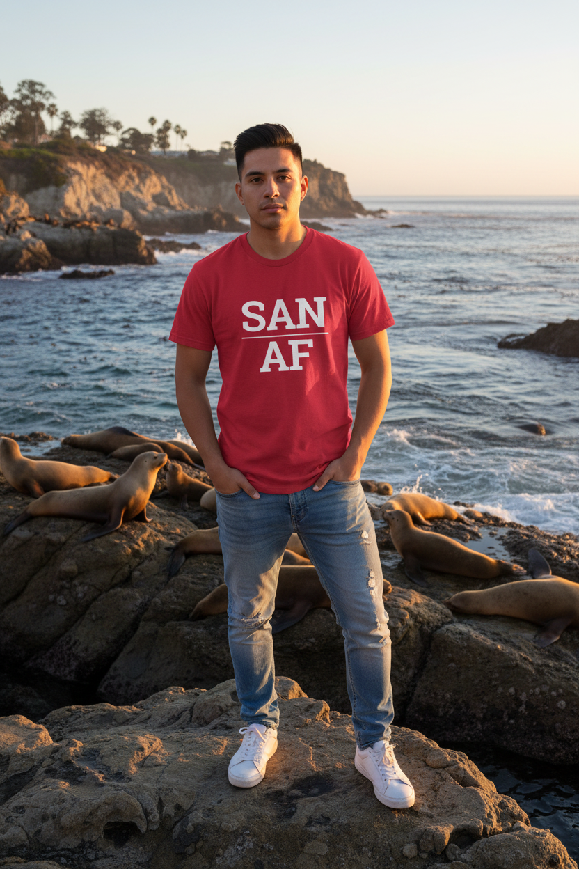 Model wearing SAN_AF cardinal red tee at La Jolla Cove, San Diego, CA