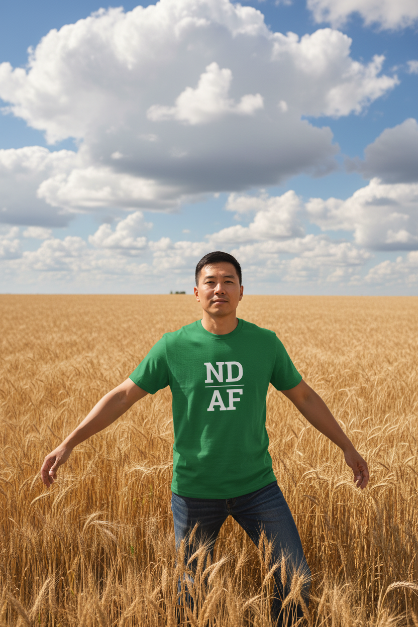 Person wearing green North Dakota t-shirt in the Red River Valley