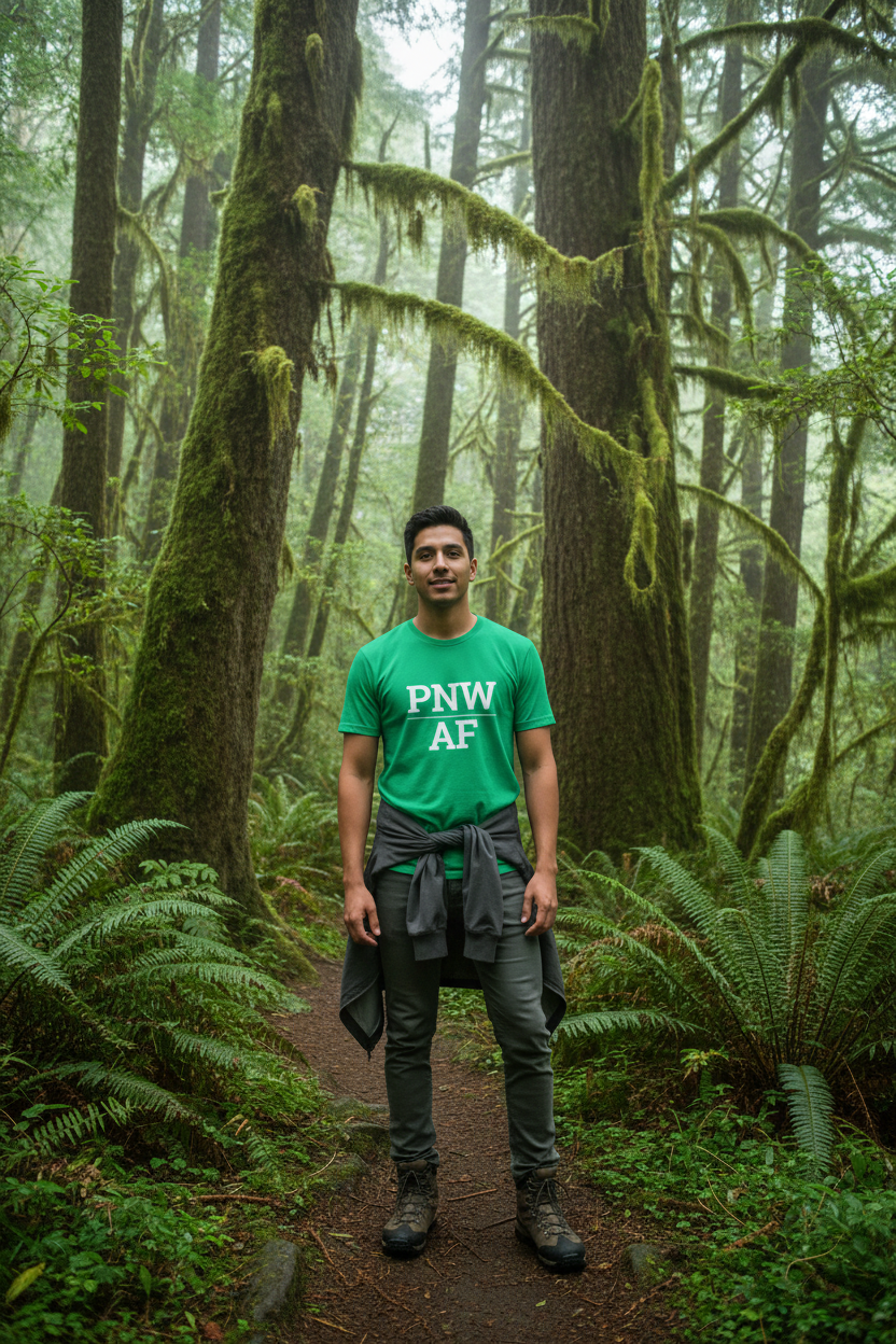 Model wearing PNW_AF irish green tee in the Hoh Rainforest, Olympic National Park, WA