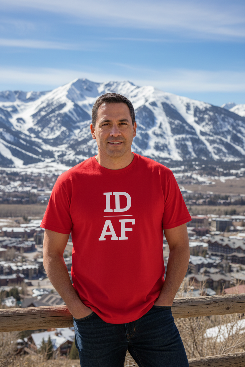 Person wearing red Idaho t-shirt at Sun Valley
