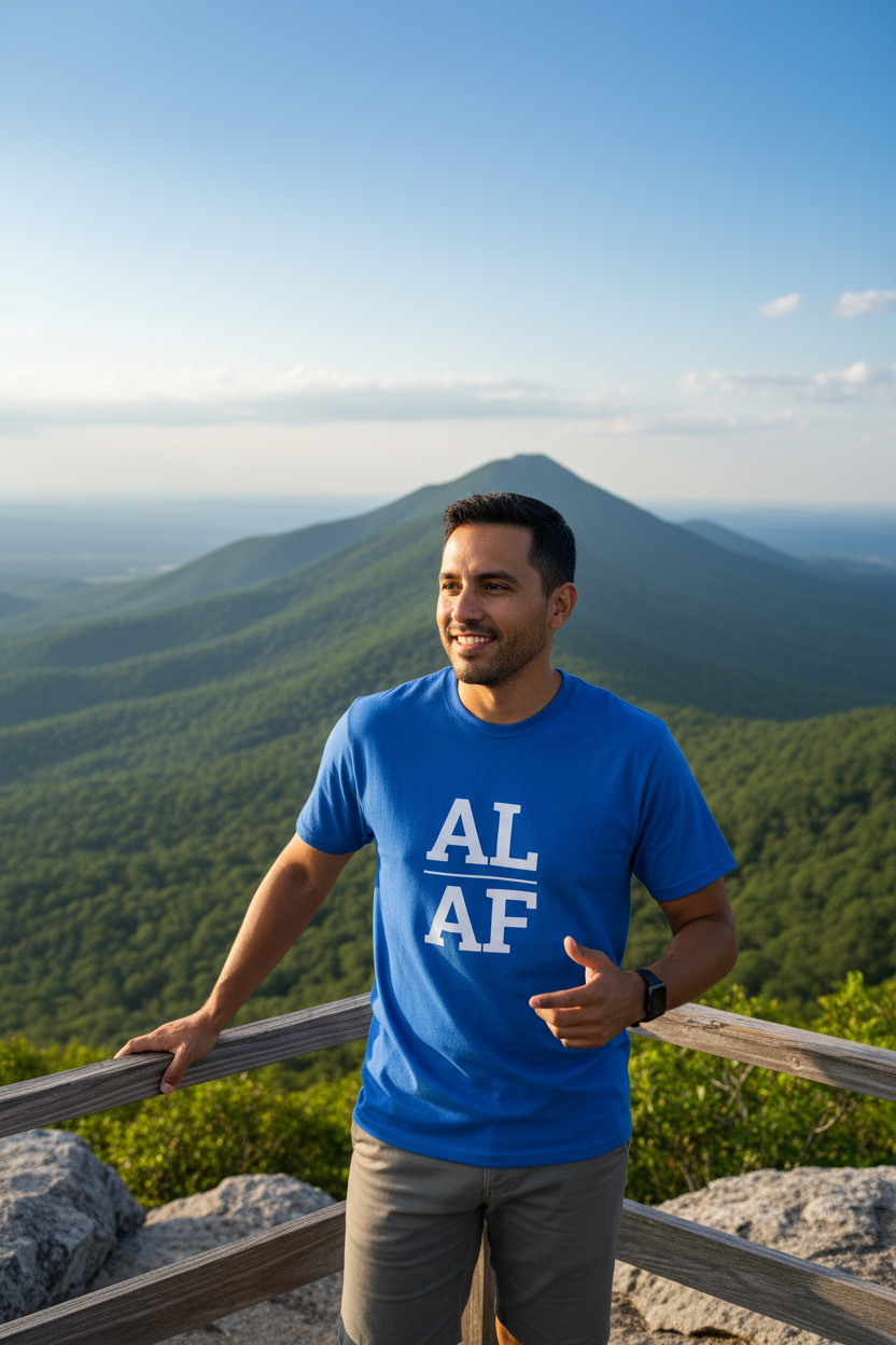 Person wearing blue Alabama t-shirt at Cheaha Mountain