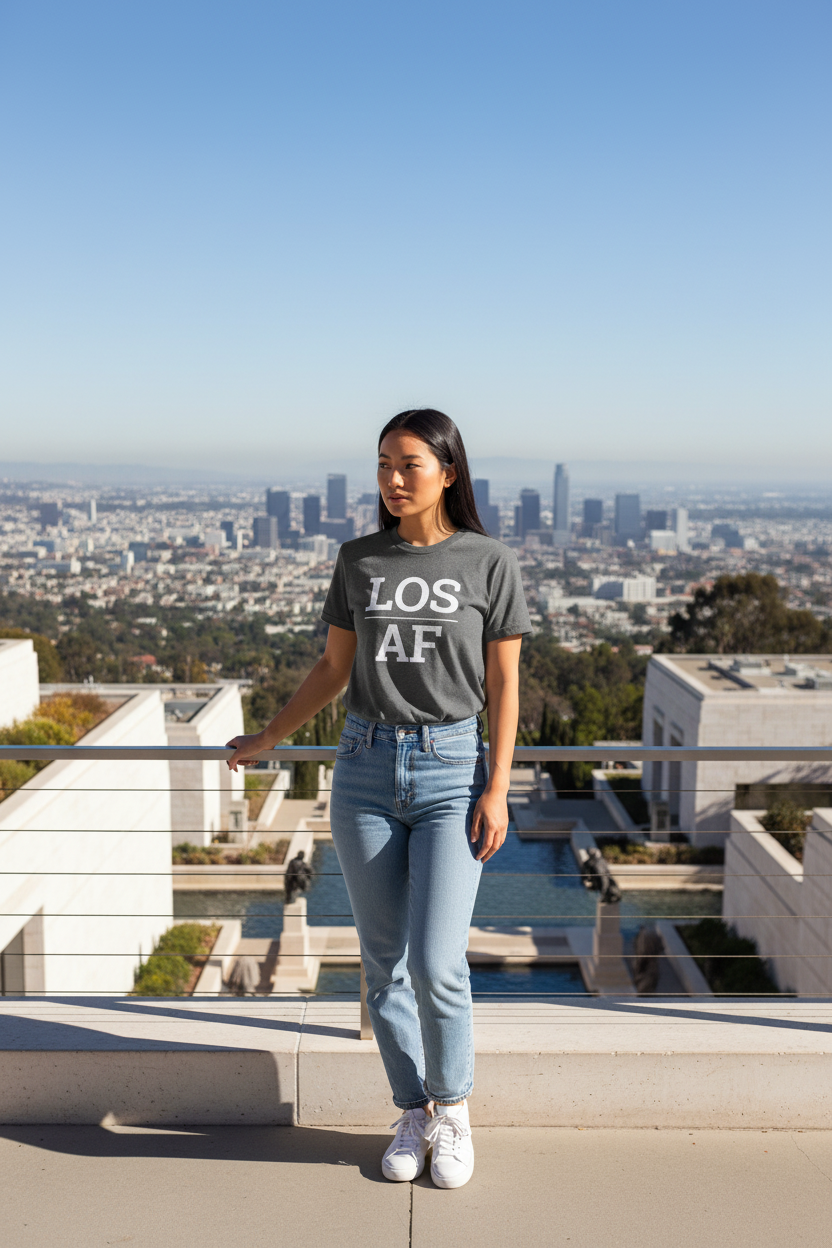 Asian woman wearing charcoal LOS_AF t-shirt at Getty Center Los Angeles