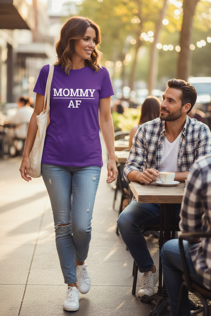 Woman wearing purple MOMMY_AF t-shirt, man admiring her nearby