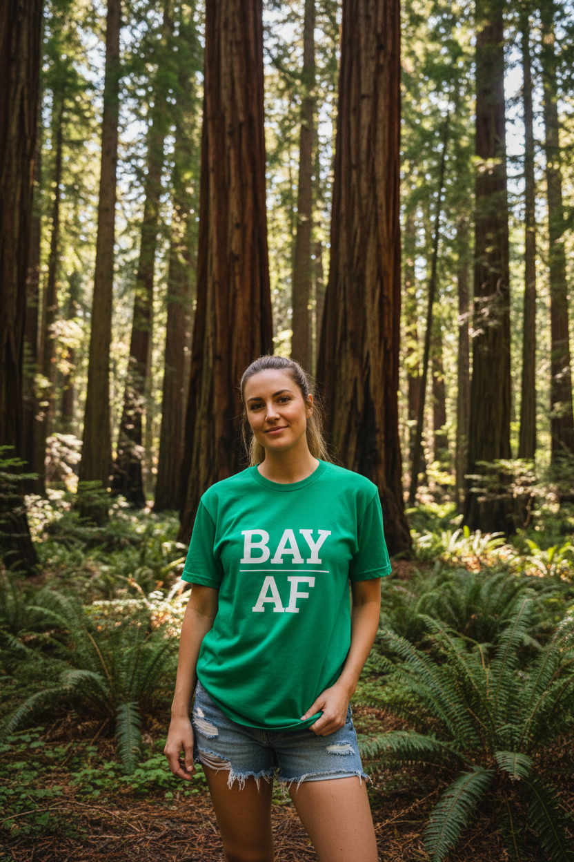 BAY_AF green shirt at Muir Woods, Marin County CA