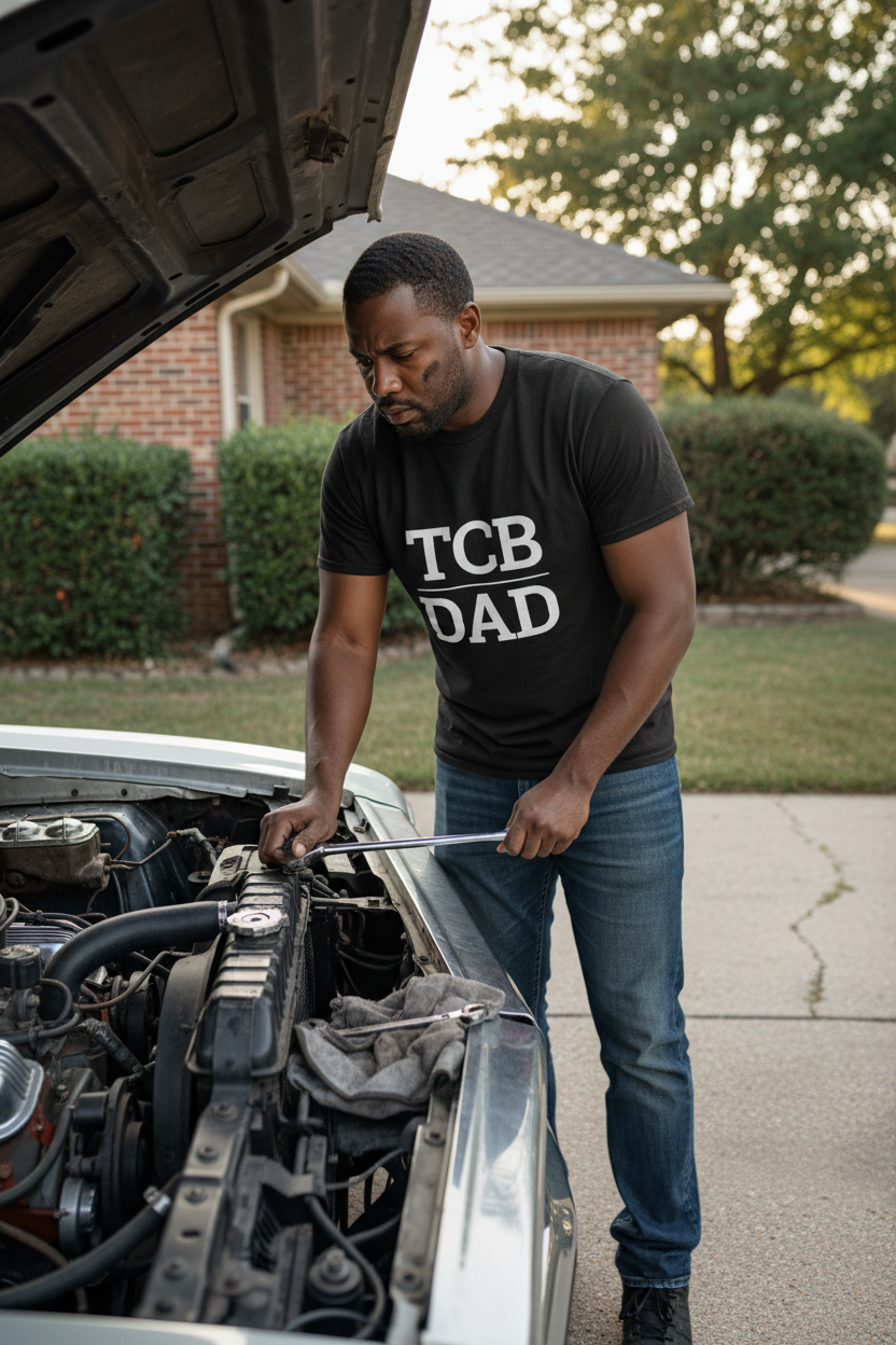 Black man wearing black TCB_DAD t-shirt fixing car engine