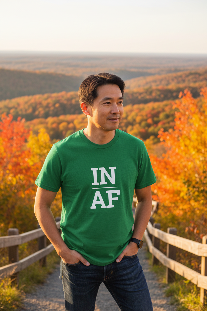 Person wearing green Indiana t-shirt at Brown County State Park