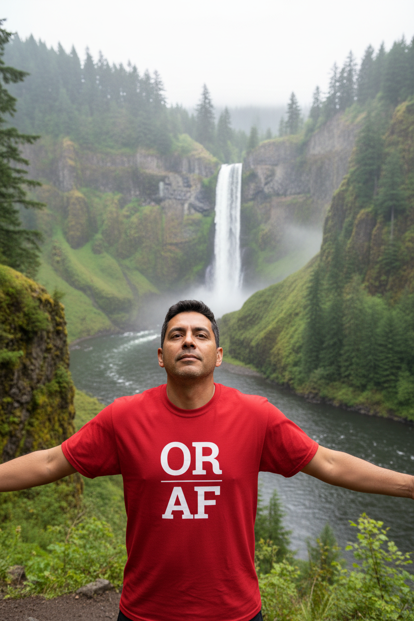 Person wearing red Oregon t-shirt at the Columbia River Gorge
