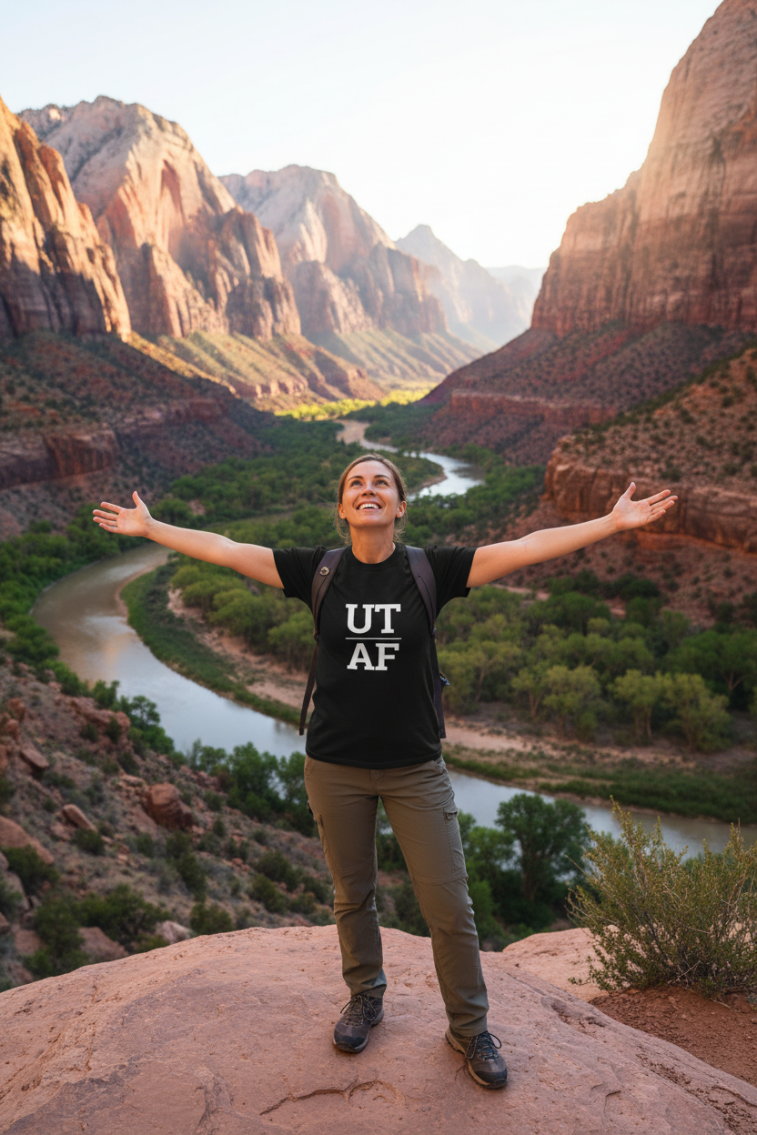 Person wearing black Utah t-shirt at Zion National Park