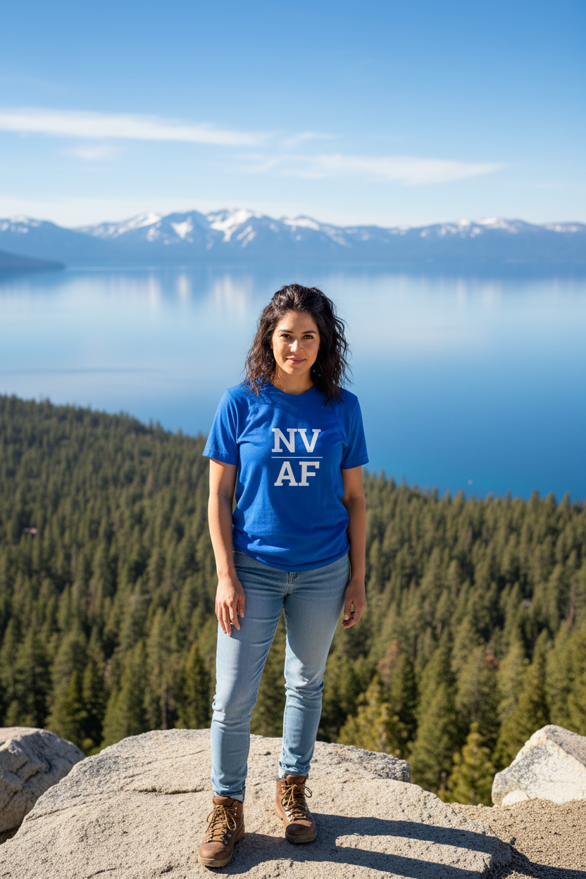 Person wearing blue Nevada t-shirt at Lake Tahoe