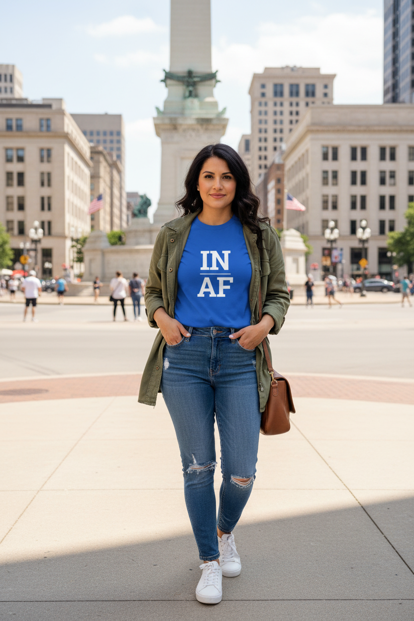 Person wearing blue Indiana t-shirt at Monument Circle Indianapolis