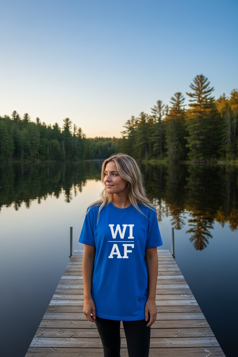 Person wearing blue WI_AF t-shirt on a dock on a Wisconsin lake