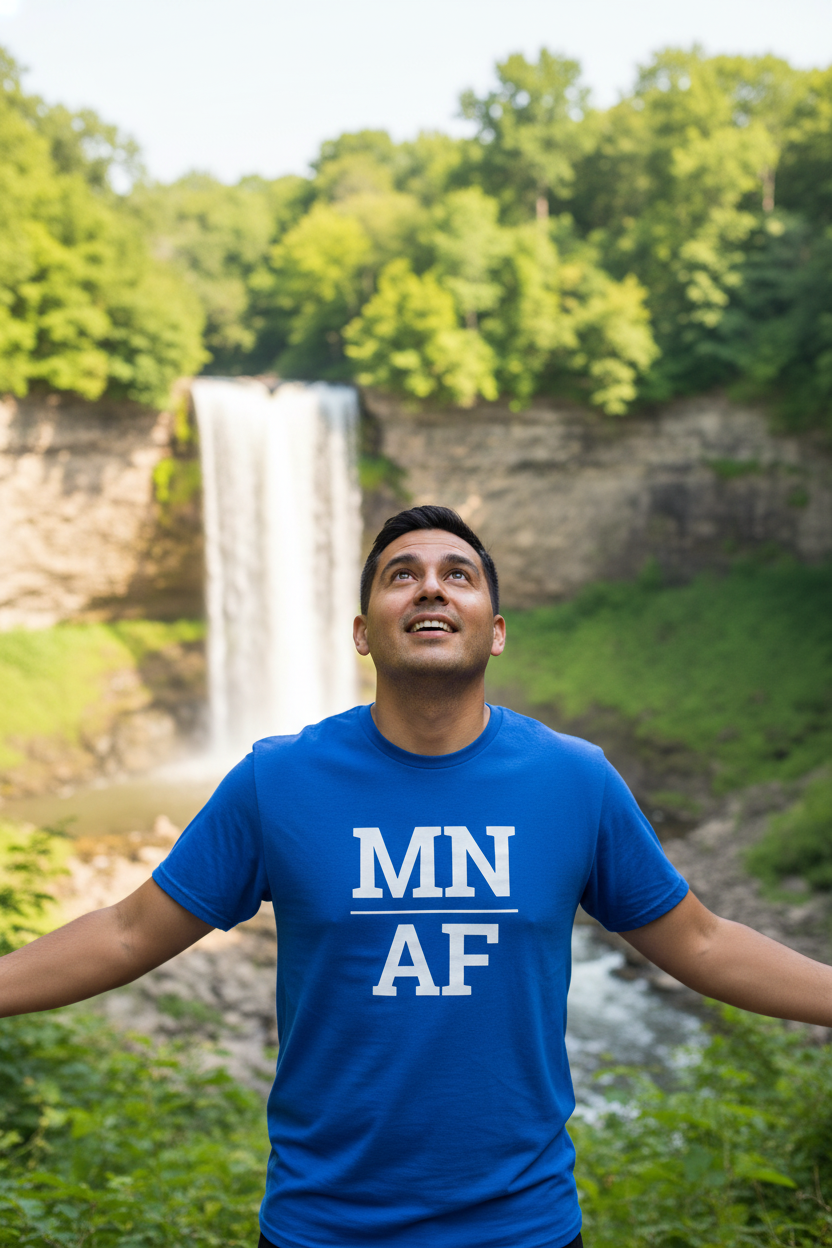 Person wearing blue Minnesota t-shirt at Minnehaha Falls