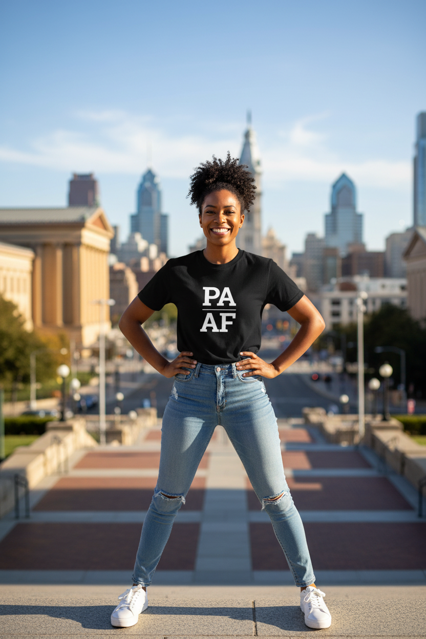 Person wearing black Pennsylvania t-shirt at the Philadelphia Art Museum