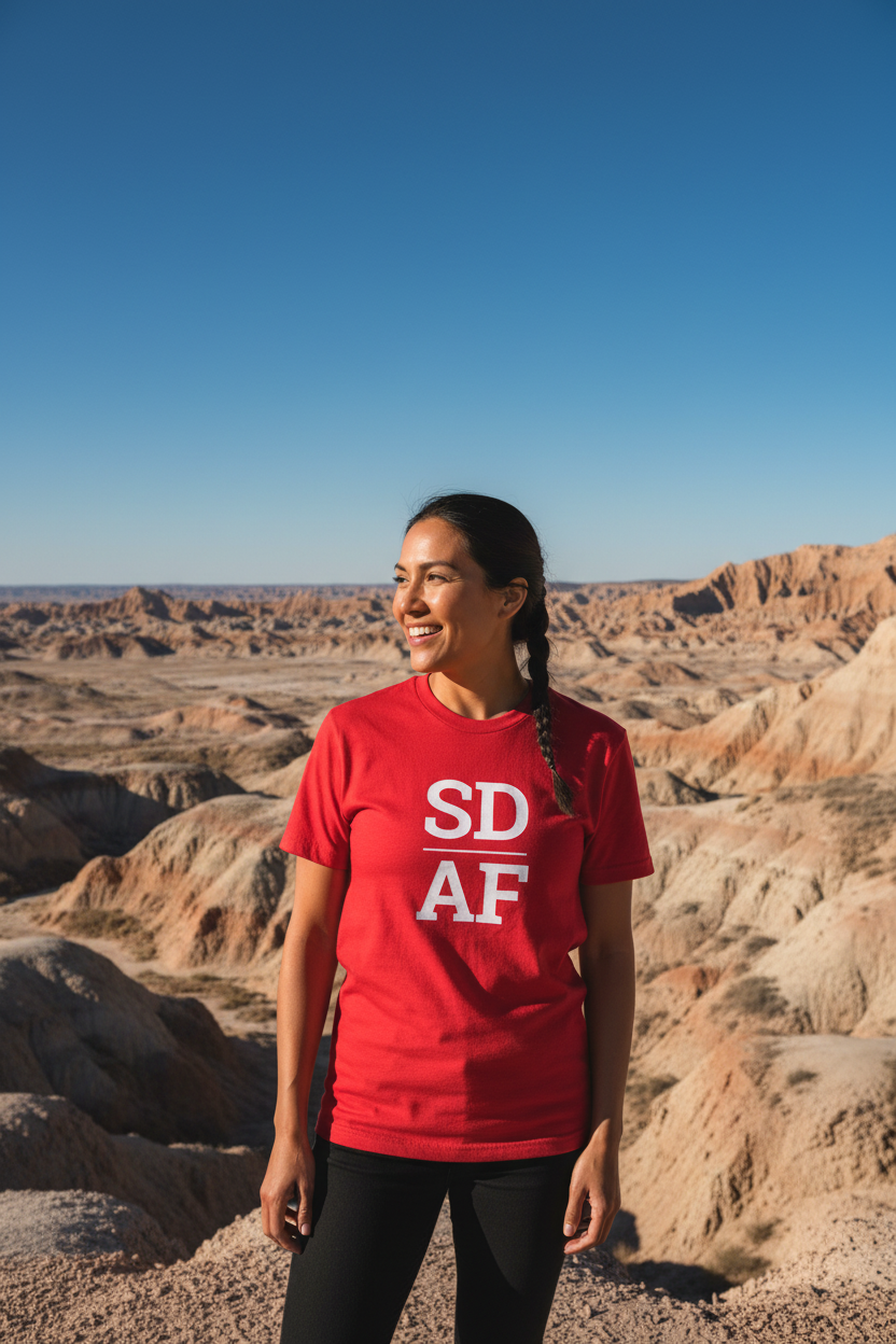 Person wearing red South Dakota t-shirt at Badlands National Park