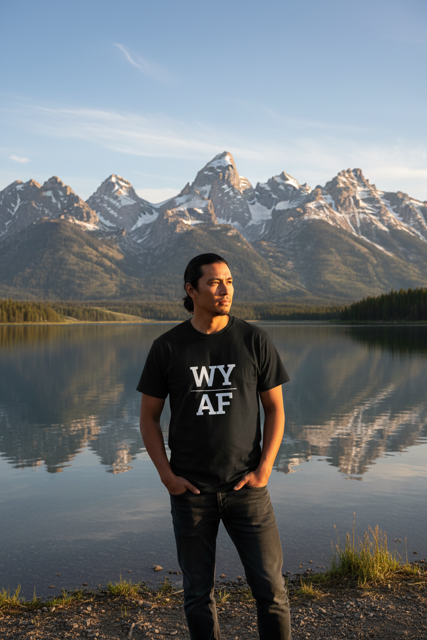 Person wearing black WY_AF t-shirt at Grand Tetons, Wyoming