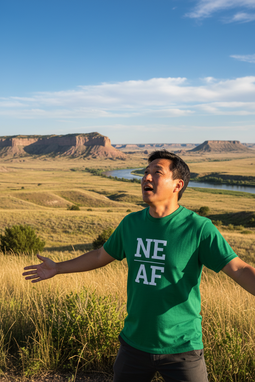 Person wearing green Nebraska t-shirt at Scotts Bluff
