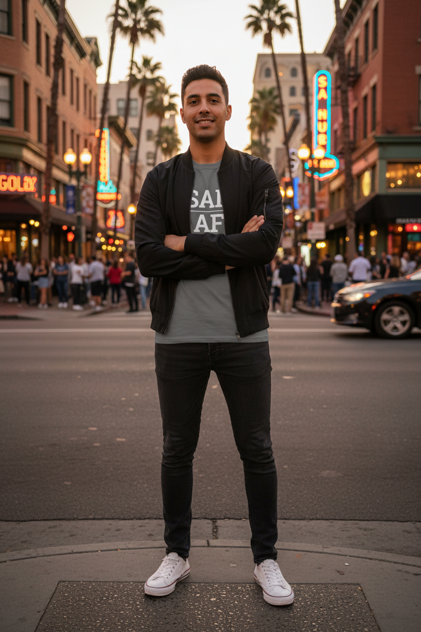 Model wearing SAN_AF charcoal grey tee in the Gaslamp Quarter, San Diego, CA