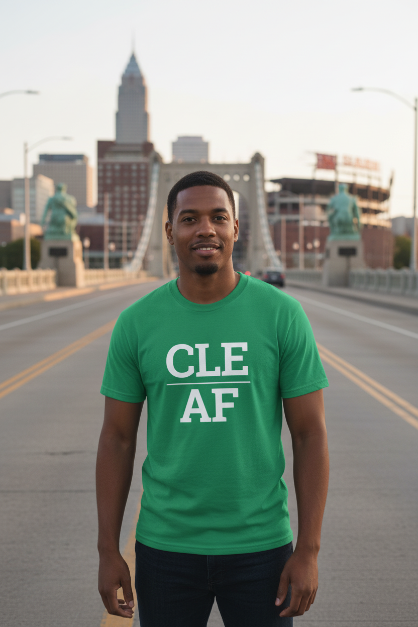 Mixed-race man wearing green CLE_AF t-shirt at Hope Memorial Bridge Cleveland