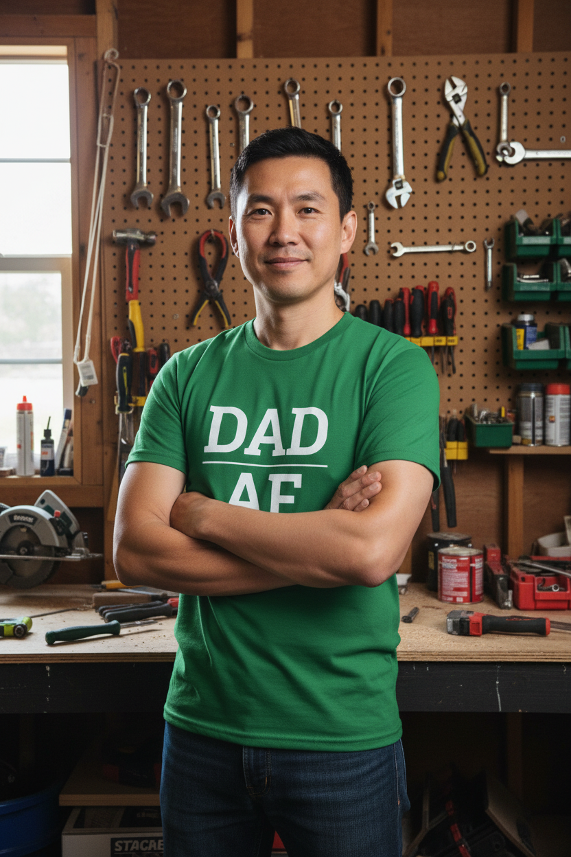 Man wearing green DAD_AF t-shirt in garage workshop