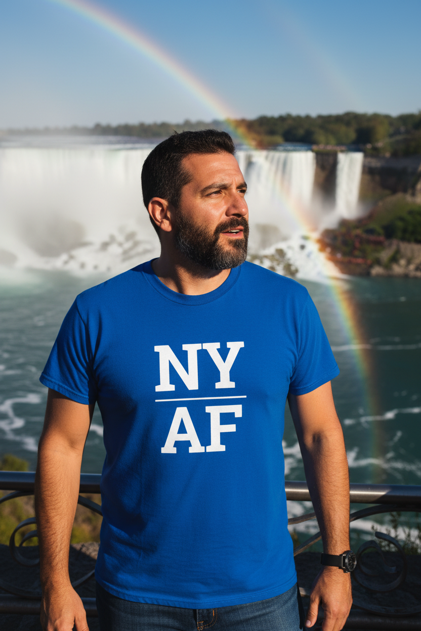 Person wearing blue New York t-shirt at Niagara Falls