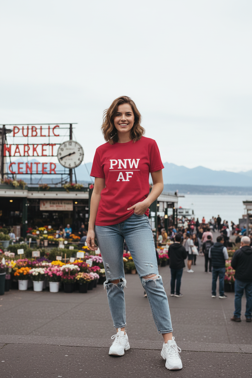 Model wearing PNW_AF cardinal red tee at Pike Place Market, Seattle, WA