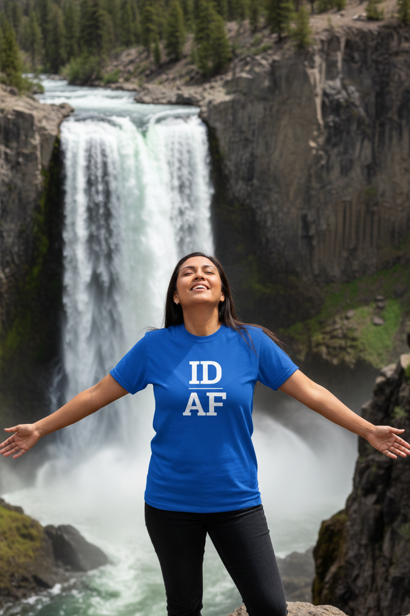 Person wearing blue Idaho t-shirt at Shoshone Falls