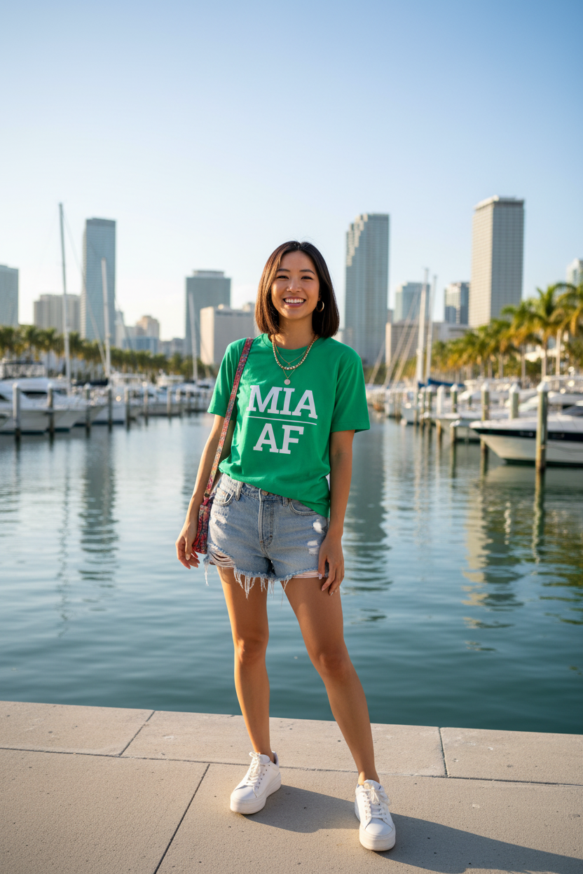 Model wearing MIA_AF irish green tee at Bayside Marketplace in Miami, FL