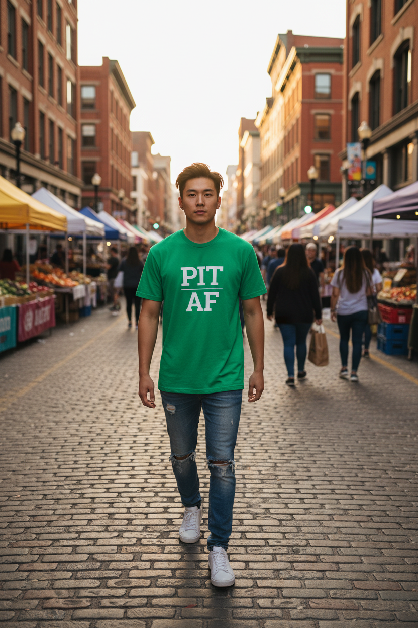 Model wearing PIT_AF irish green tee in the Strip District, Pittsburgh, PA