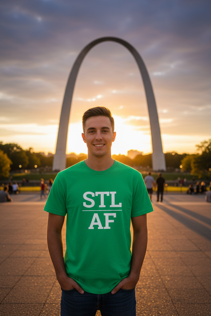 STL_AF green shirt at the Gateway Arch, St. Louis MO