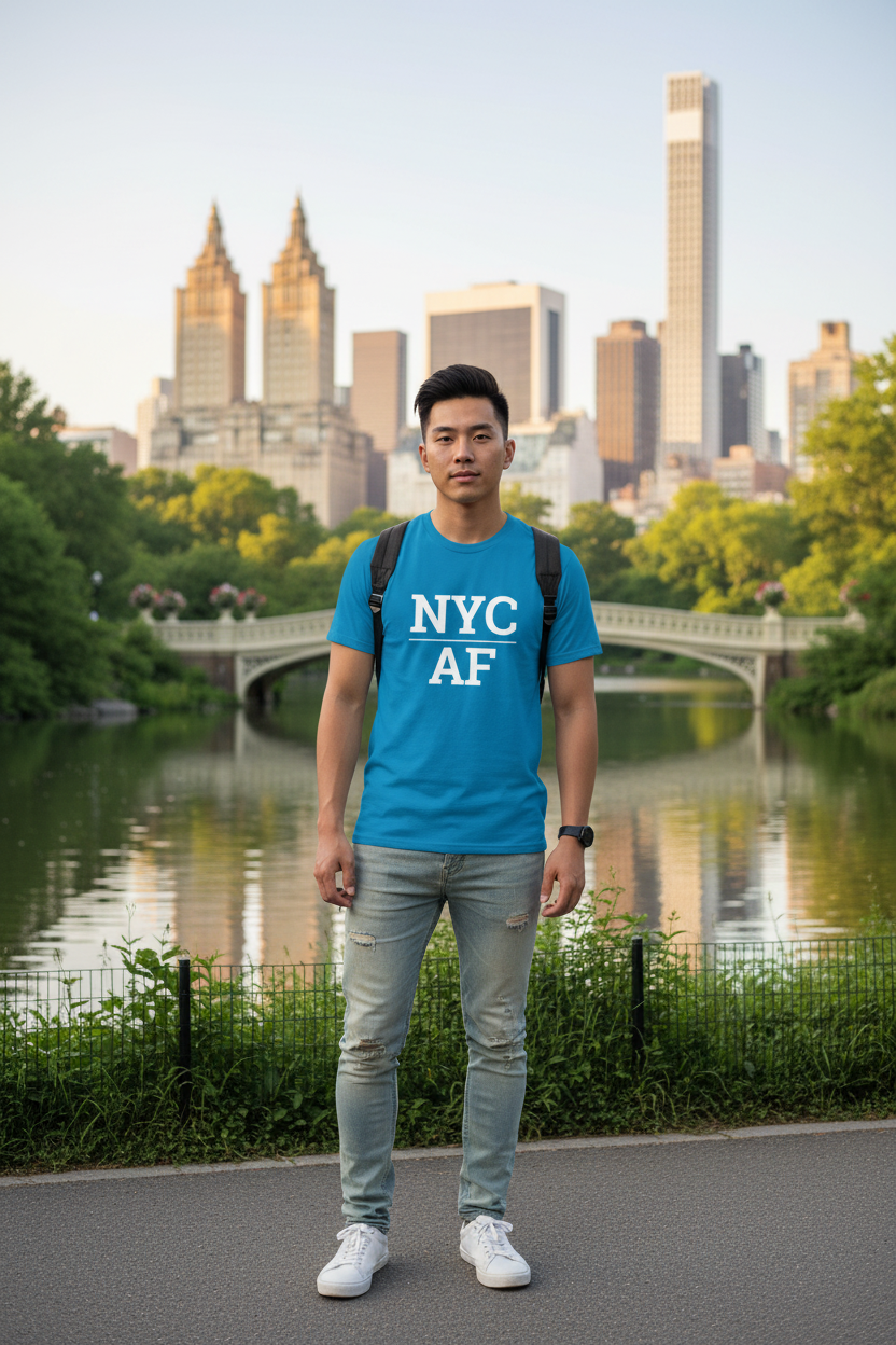 Model wearing NYC_AF sapphire blue tee at Central Park Bow Bridge, New York City