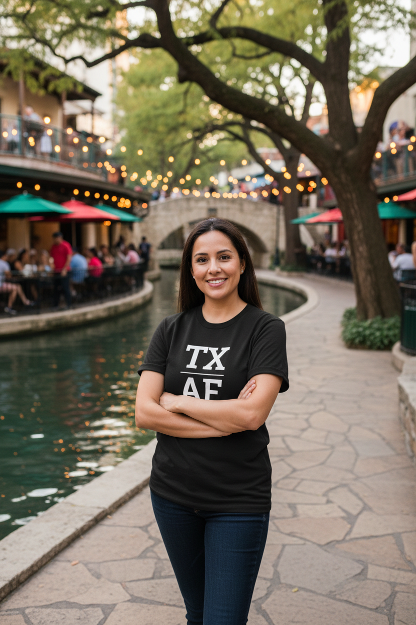 Person wearing black Texas t-shirt at the San Antonio River Walk
