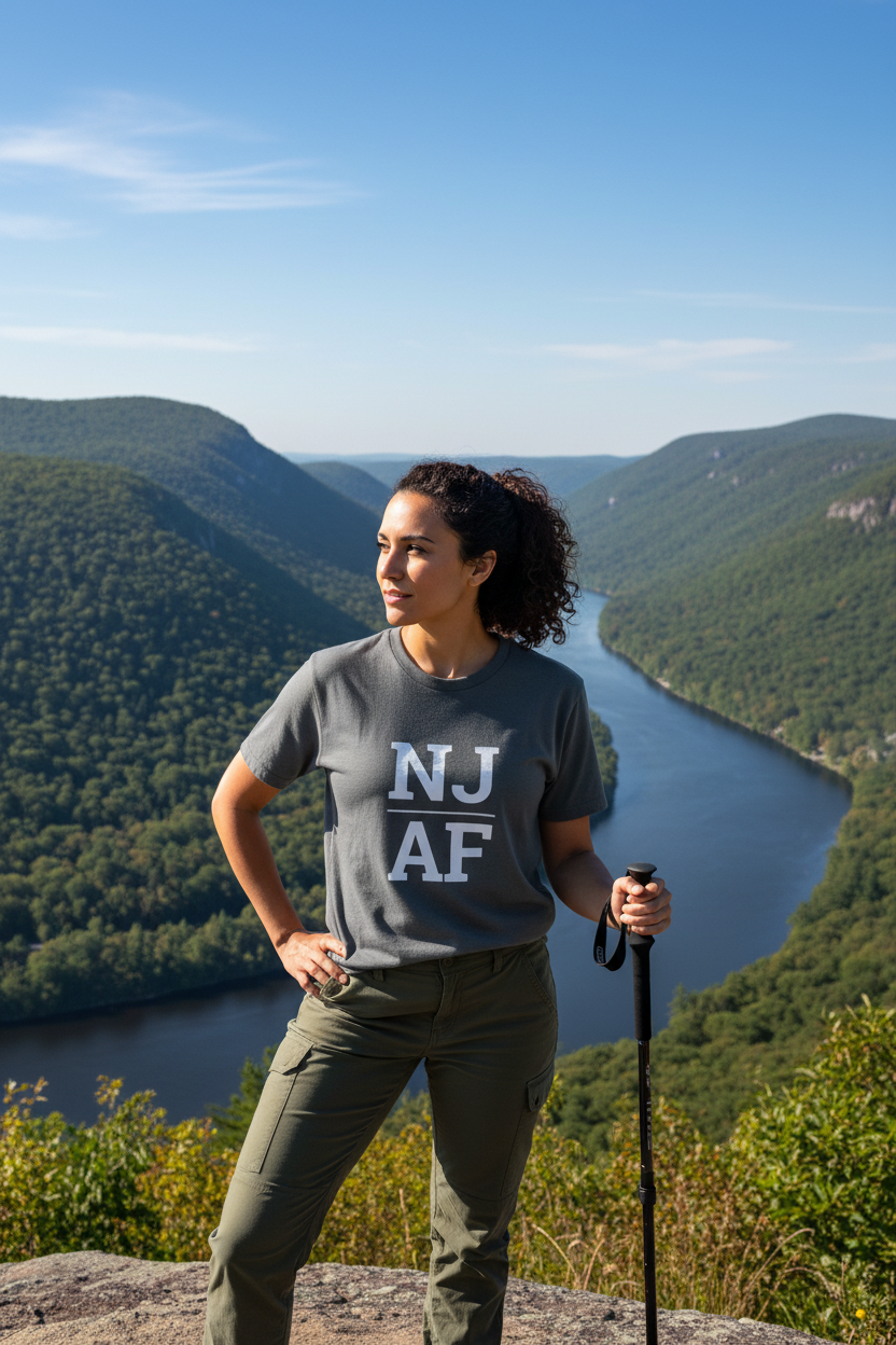 Person wearing grey New Jersey t-shirt at the Delaware Water Gap