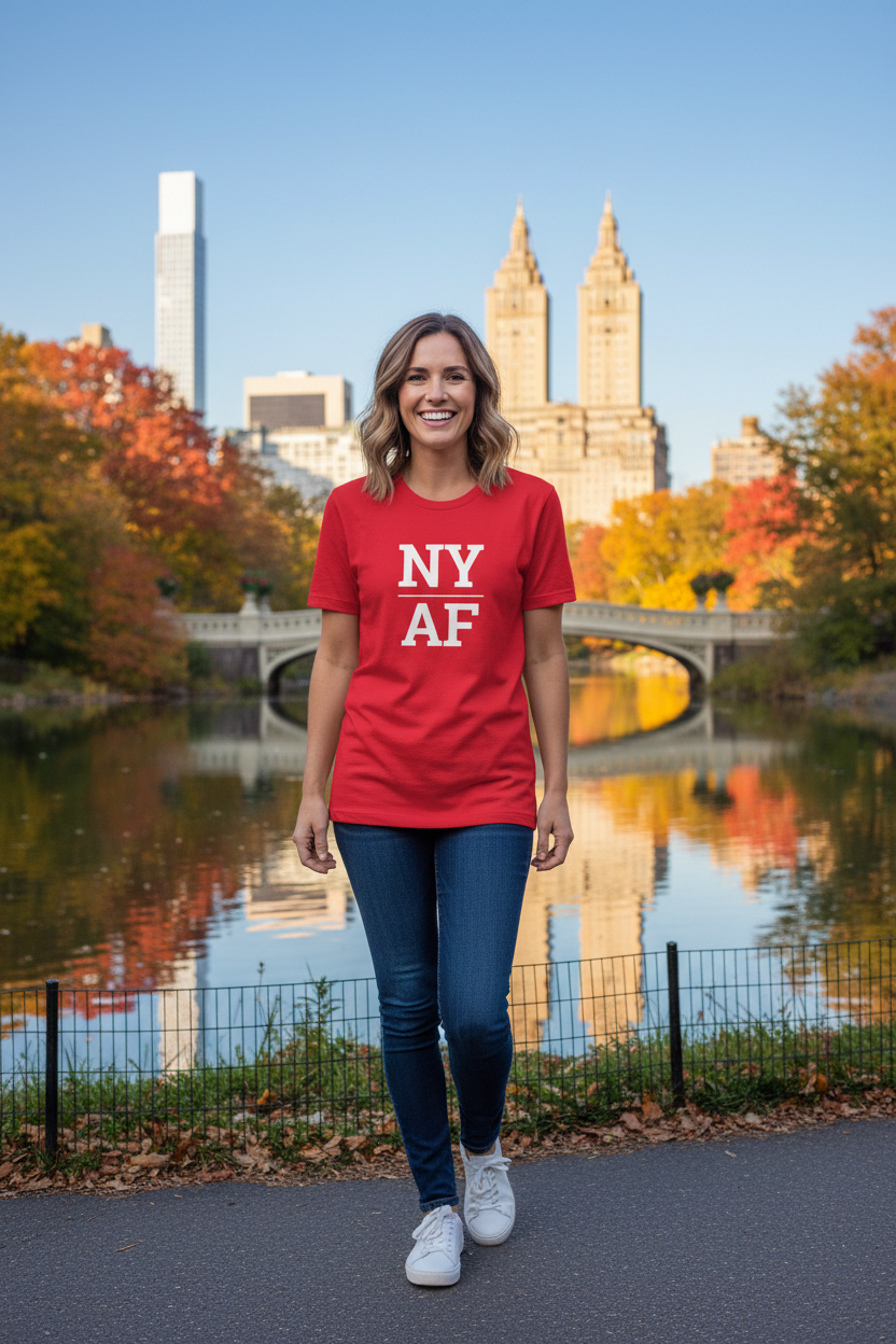 Person wearing red New York t-shirt in Central Park