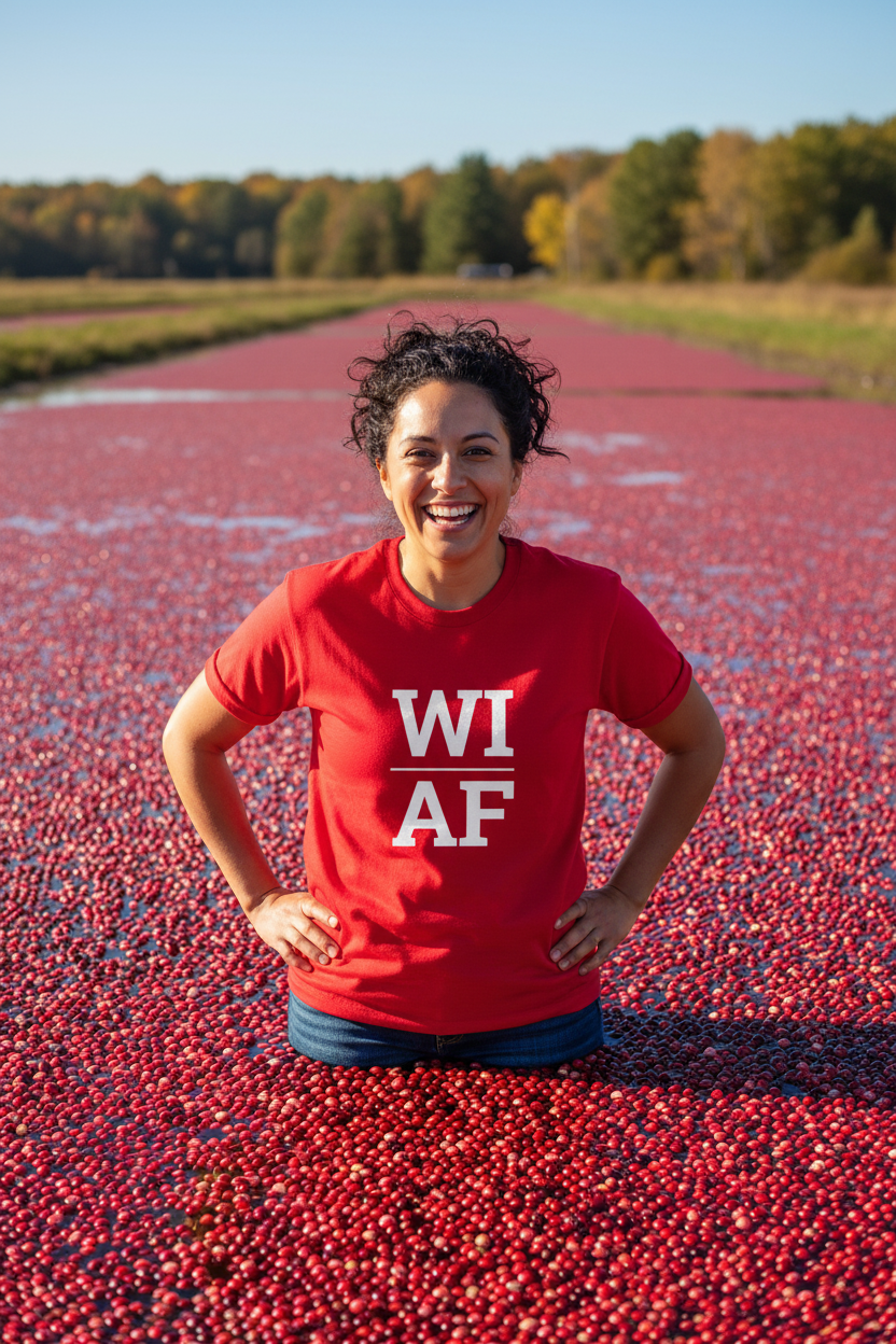 Person wearing red WI_AF t-shirt at a Wisconsin cranberry bog harvest