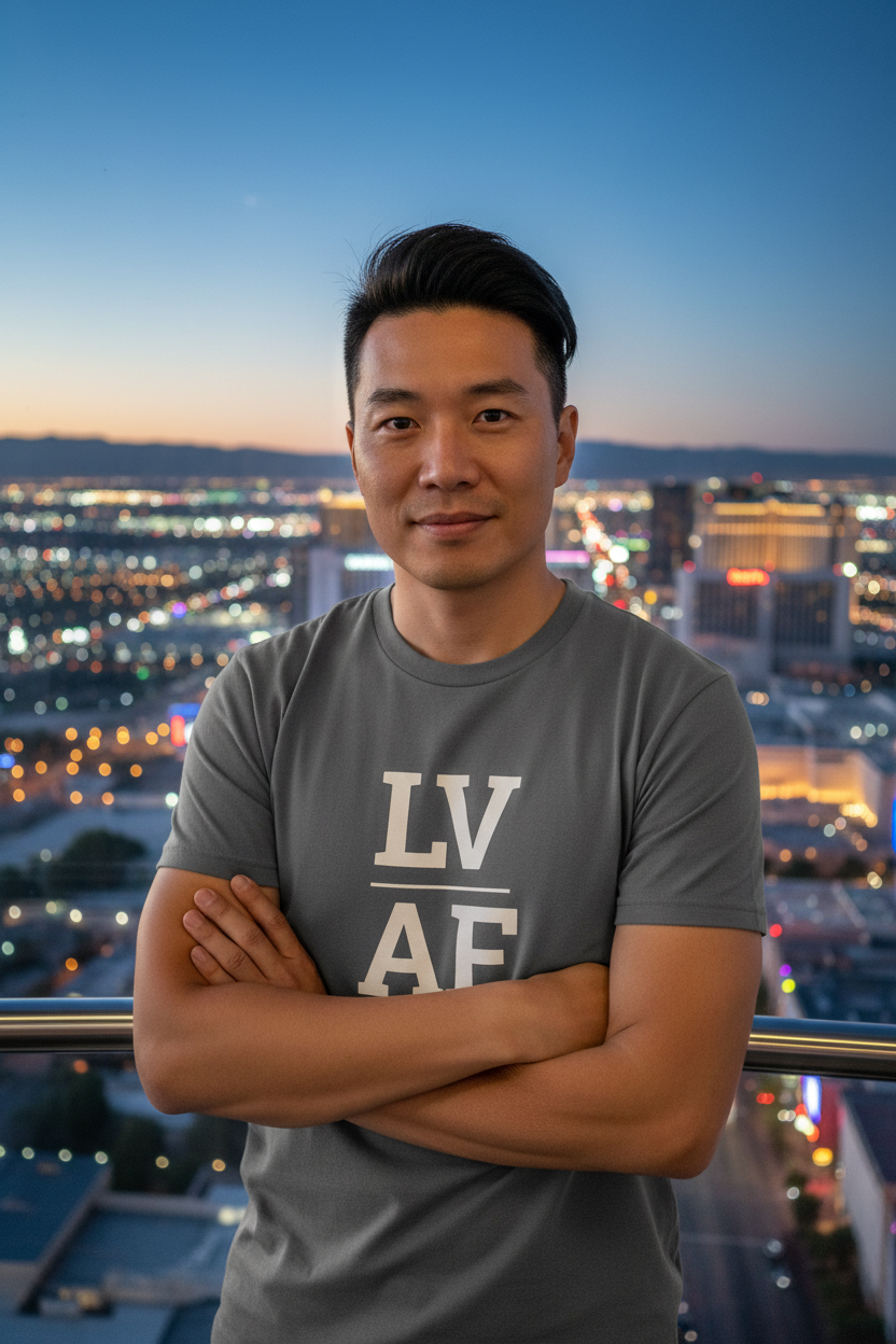 Asian man wearing charcoal LV_AF t-shirt at High Roller Las Vegas