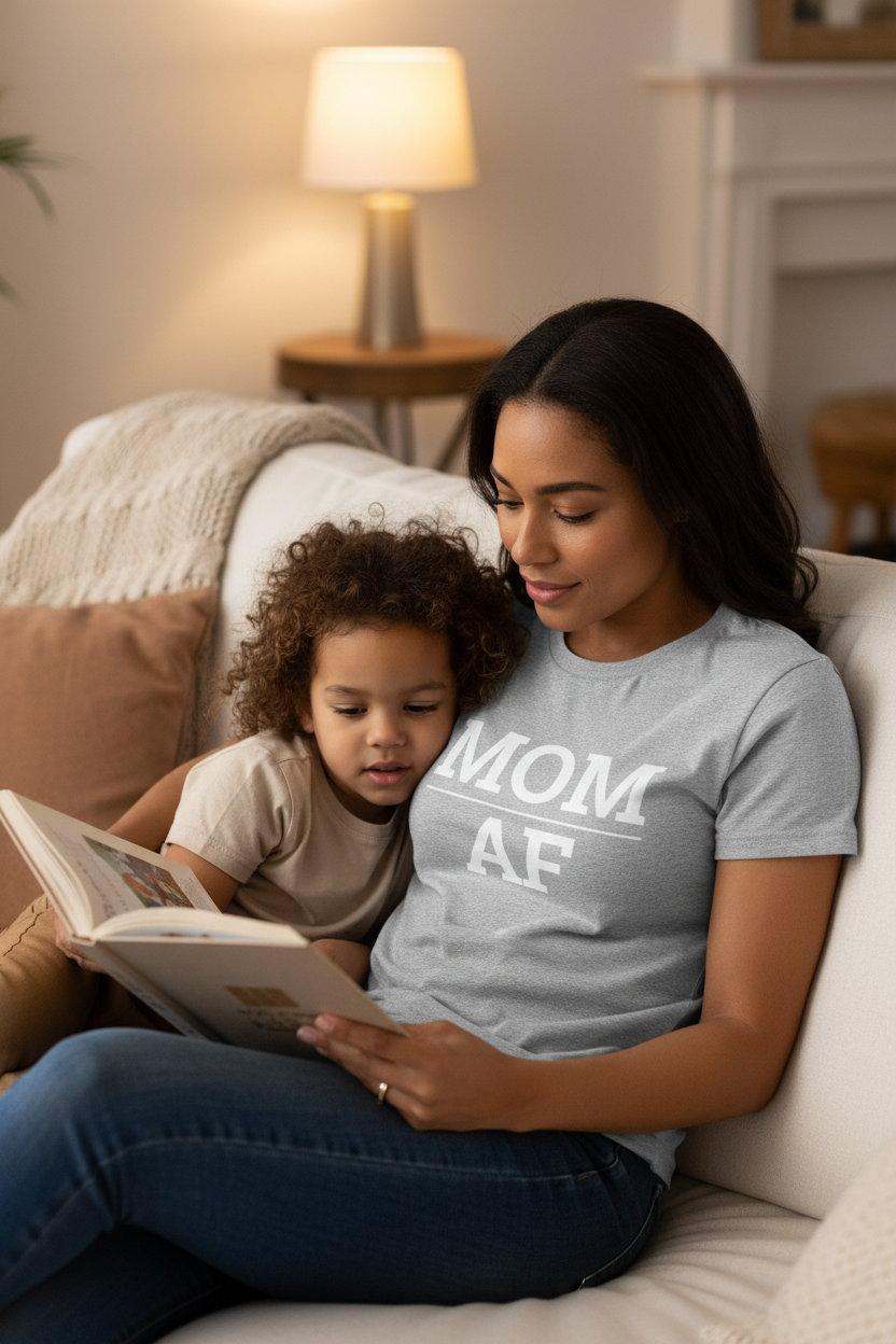 Woman wearing grey MOM_AF t-shirt reading with child on couch