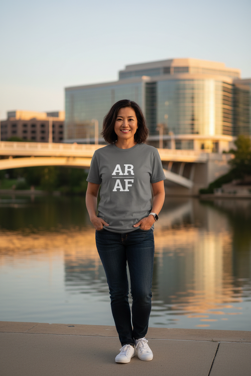 Person wearing grey Arkansas t-shirt at Clinton Presidential Center in Little Rock