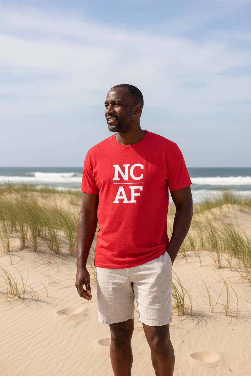 Person wearing red North Carolina t-shirt at the Outer Banks