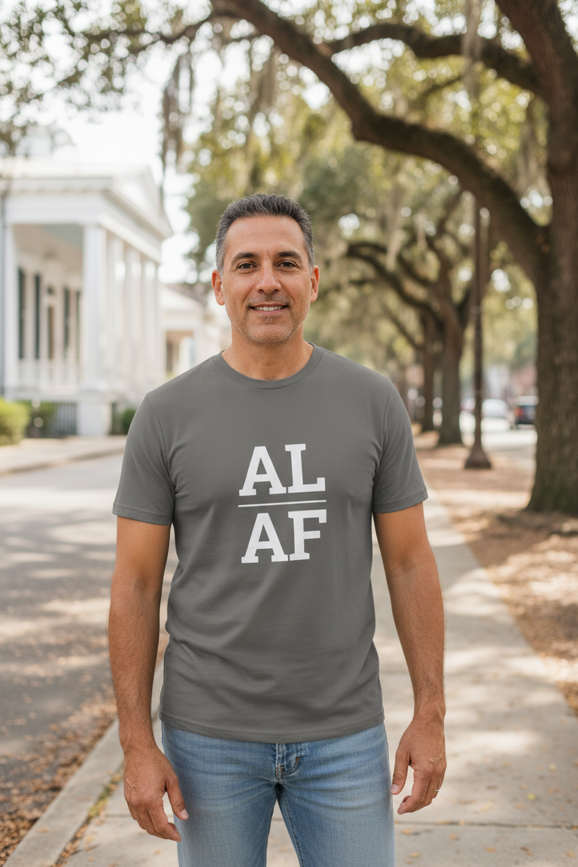 Person wearing grey Alabama t-shirt in Mobile historic district