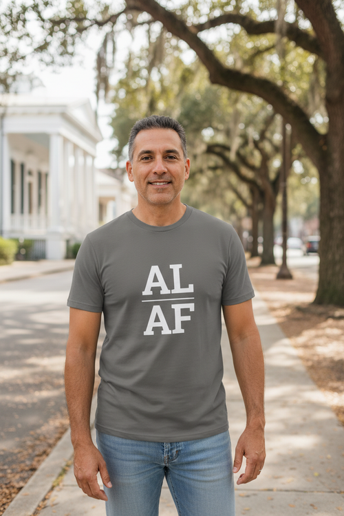 Person wearing grey Alabama t-shirt in Mobile historic district