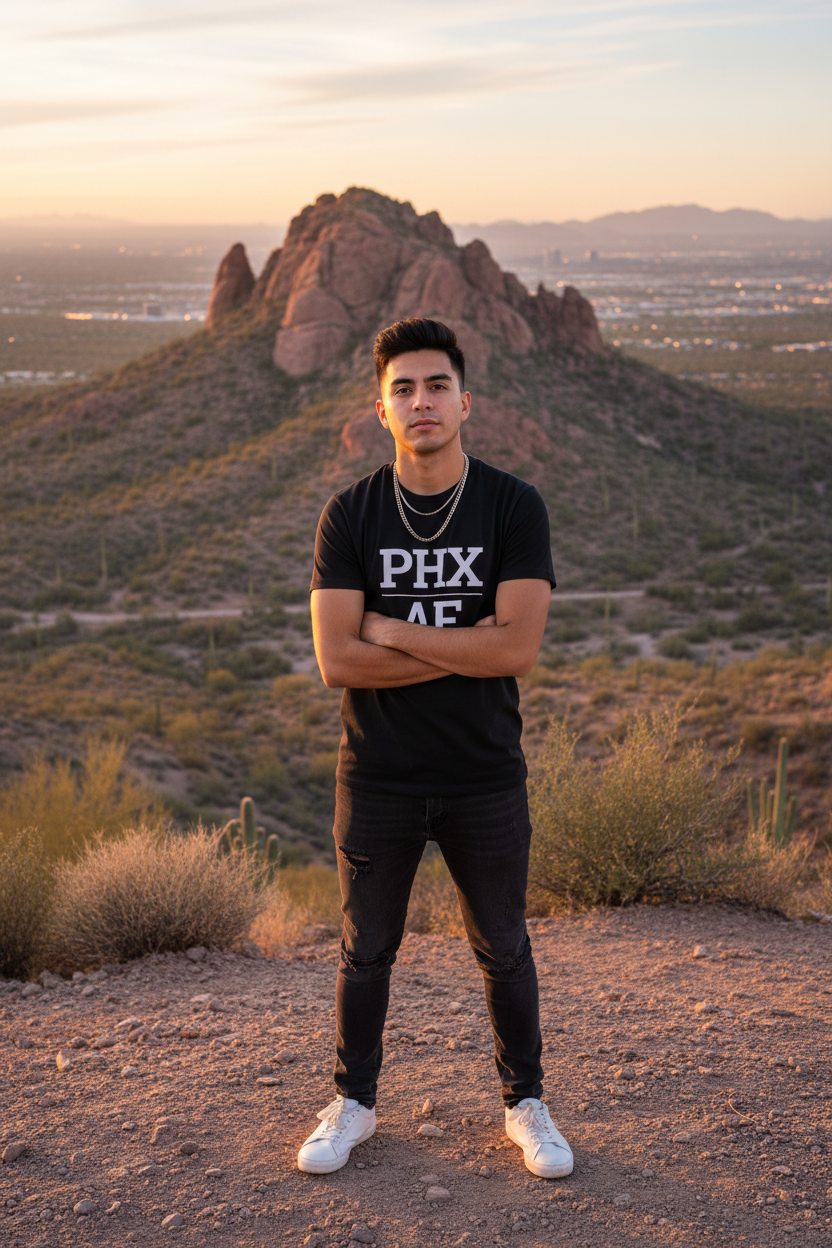Model wearing PHX_AF black tee at Camelback Mountain, Phoenix, AZ