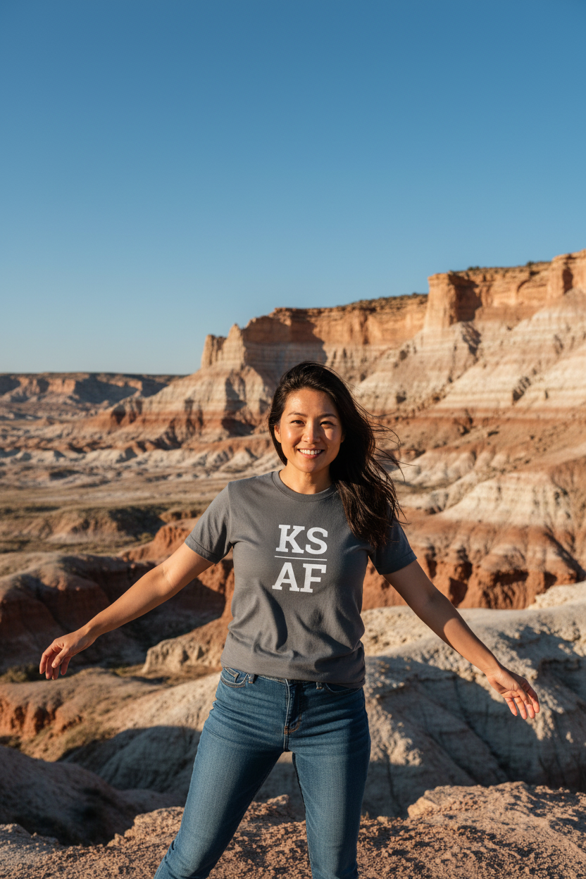 Person wearing grey Kansas t-shirt at Little Jerusalem Badlands State Park