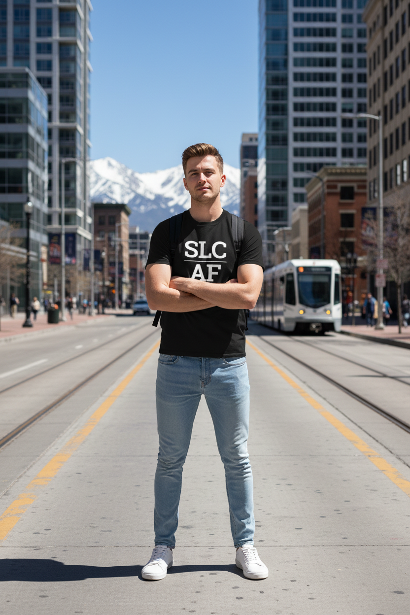 Model wearing SLC_AF black tee on Main Street in downtown Salt Lake City, UT