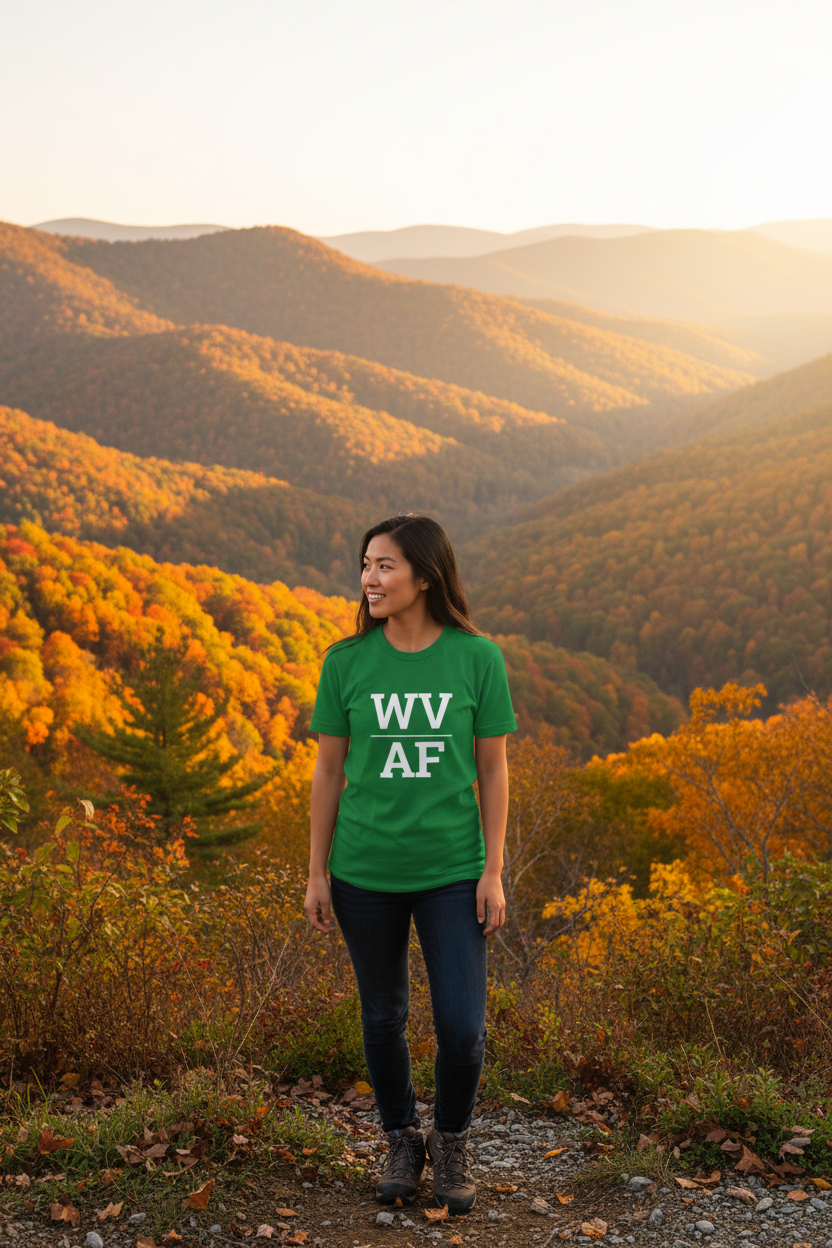 Person wearing green WV_AF t-shirt in the Appalachian hills, West Virginia